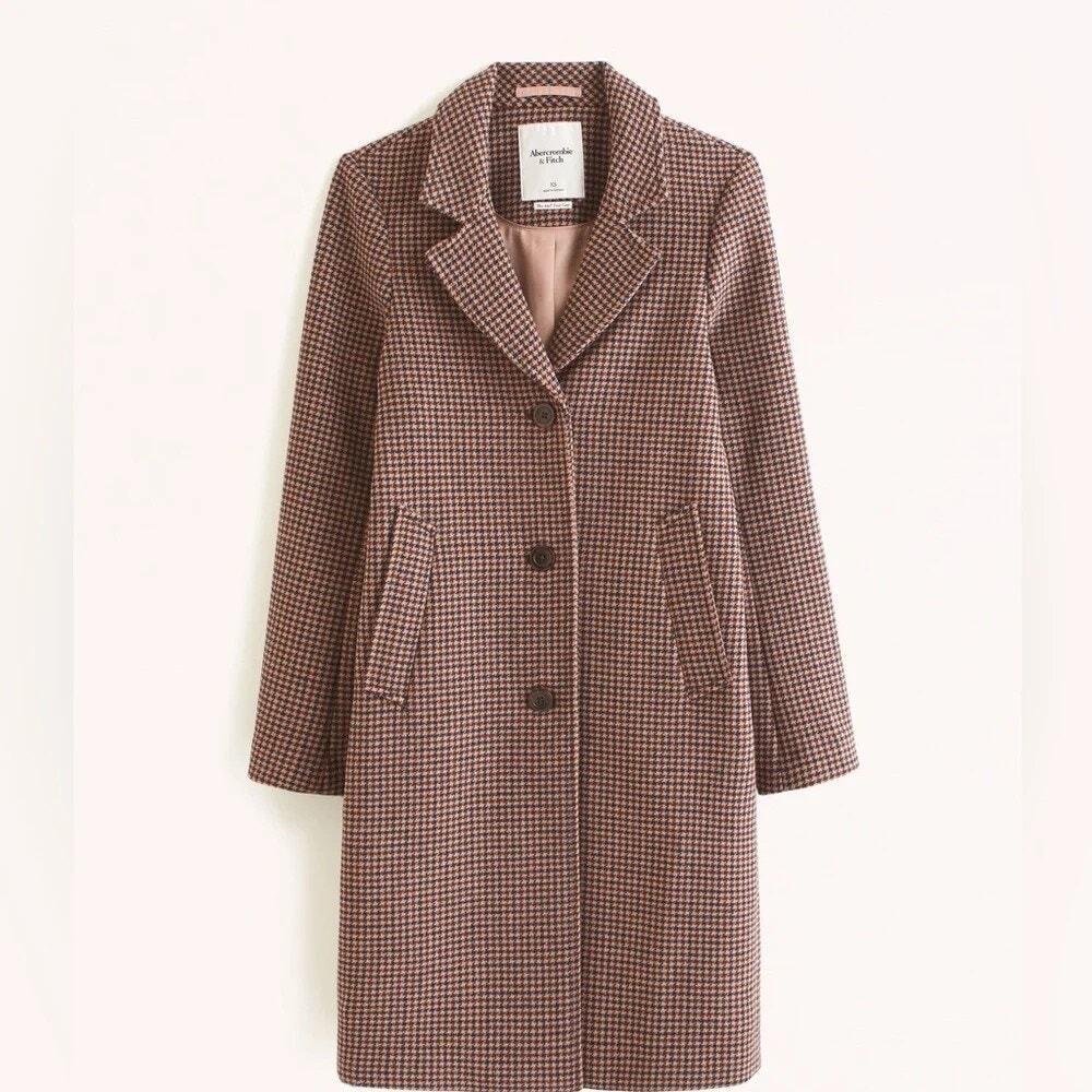 Abercrombie Houndstooth Wool Overcoat Womens XS Brown Academia Preppy Fall